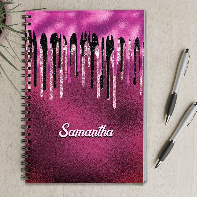 Chic hot pink black drippings glitter monogram notebook (Creator Uploaded)