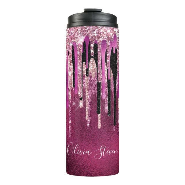 Chic hot pink black drippings glitter monogram thermal tumbler (Front)