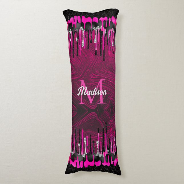 Chic hot pink black glitter drips monogram body pillow (Front Vertical)