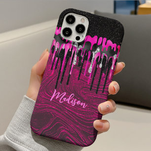 Chic hot pink black glitter drips monogram iPhone 11 case