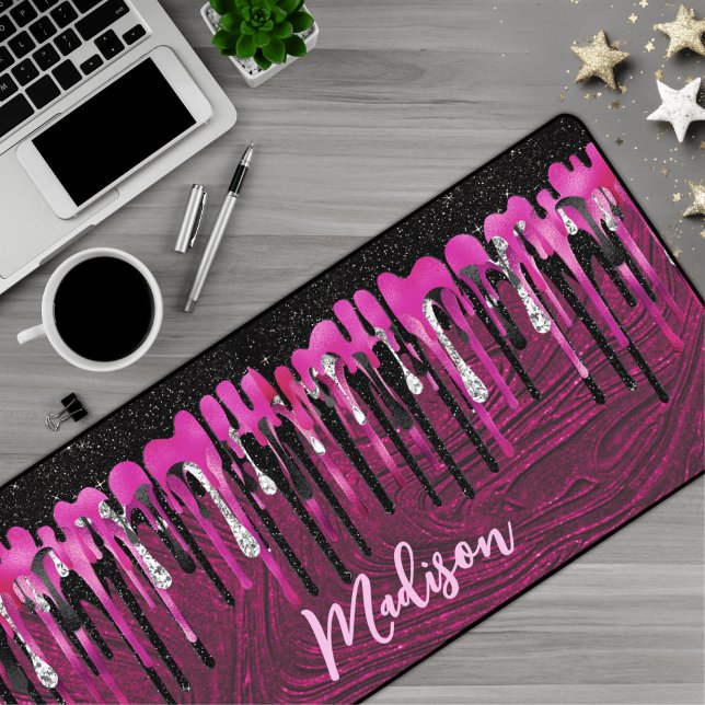 Chic hot pink black glitter drips monogram desk mat (Creator Uploaded)