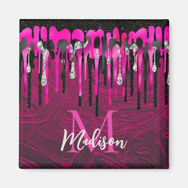 Chic hot pink black glitter drips monogram magnet (Front)