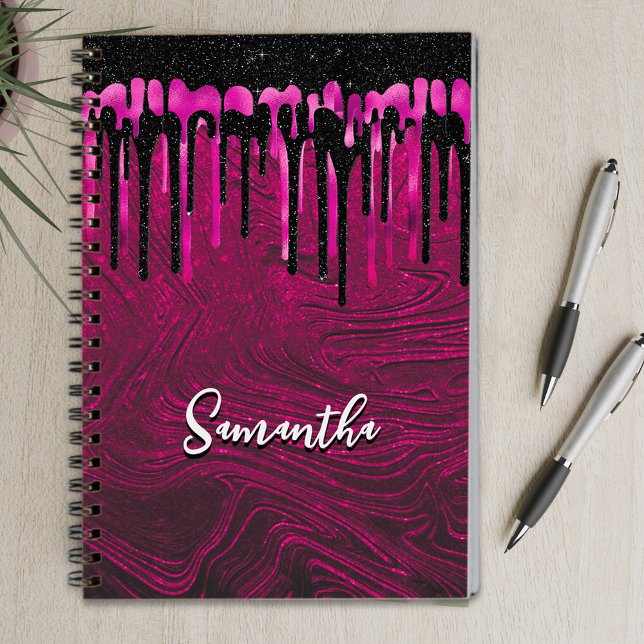 Chic hot pink black glitter drips monogram notebook (Creator Uploaded)