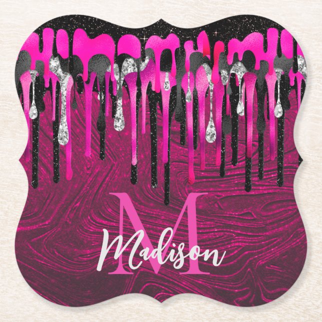 Chic hot pink black glitter drips monogram paper coaster (Front)