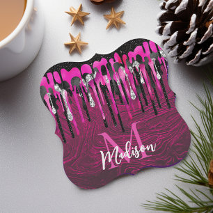 Chic hot pink black glitter drips monogram paper coaster