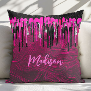 Chic hot pink black glitter drips monogram throw pillow