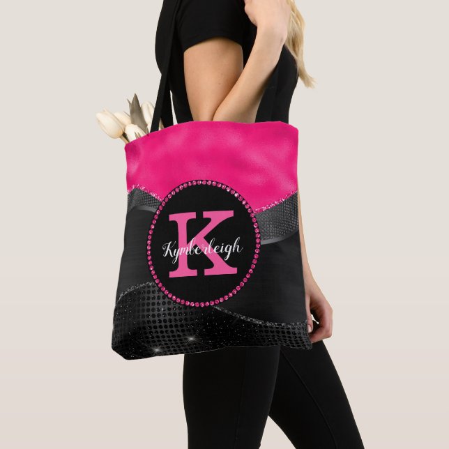 Chic Hot Pink Black Grey Waves Glam Monogram Name Tote Bag (Close Up)