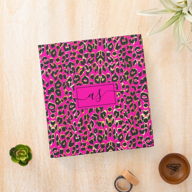 Chic Hot Pink & Black Leopard Print Monogrammed Binder (In Situ)