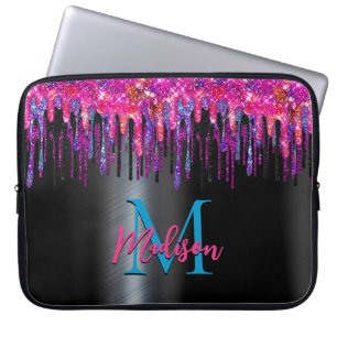 Chic hot pink blue black glitter dripping monogram laptop sleeve