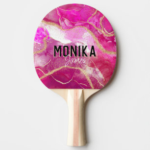 Chic Hot Pink Faux Gold Glitter Marble Monogram Ping Pong Paddle