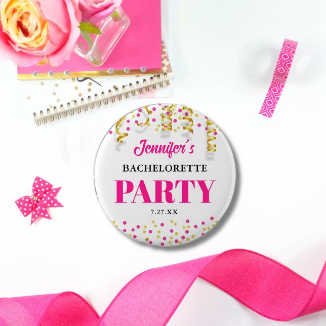 Chic Hot Pink & Gold Dots Bachelorette Party 2 Inch Round Button (Creator Uploaded)
