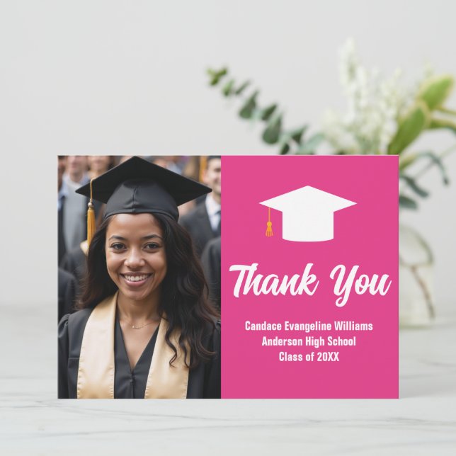 Chic Hot Pink Graduation Photo Custom Thank You (Standing Front)