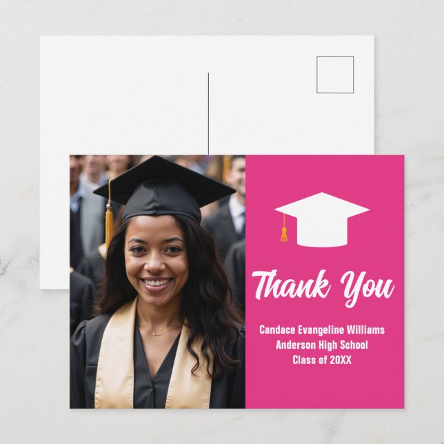 Chic Hot Pink Graduation Photo Custom Thank You Postcard (Front/Back)