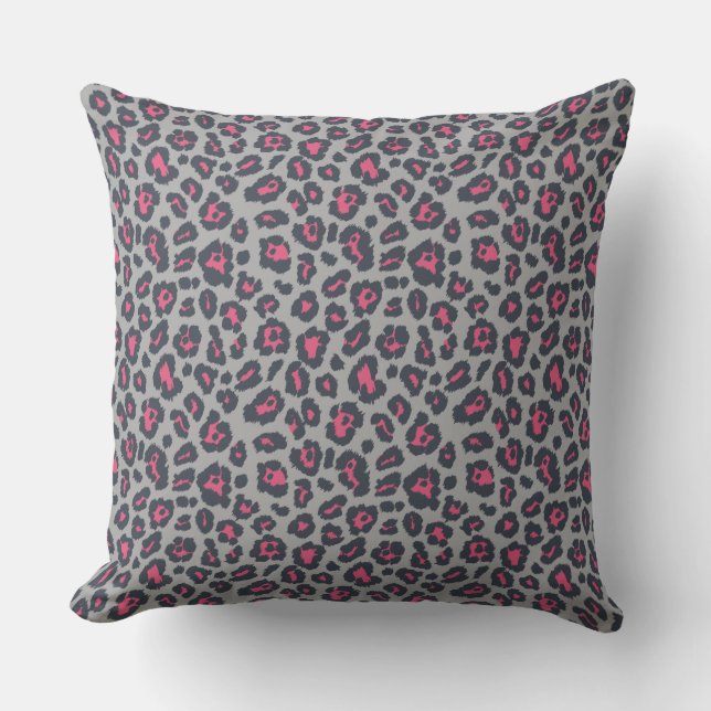 Chic Hot Pink Grey Leopard Print Pattern Throw Pillow (Front)