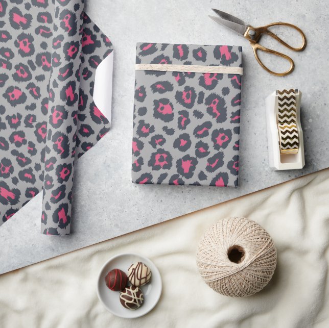 Chic Hot Pink Grey Leopard Print Pattern Wrapping Paper (Crafts)