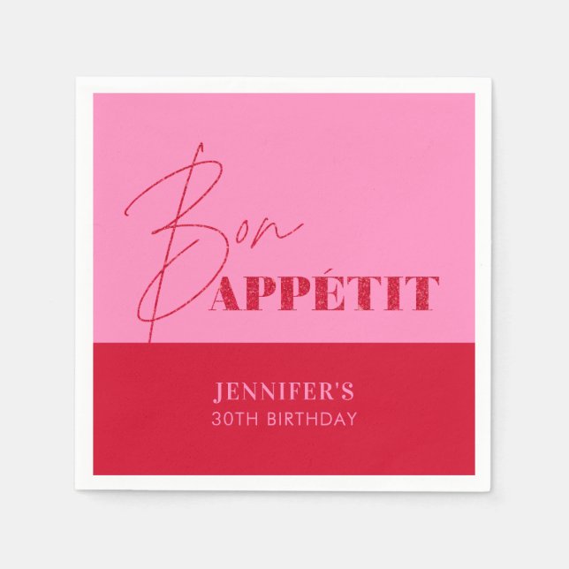 Chic Hot Pink Red Bon Appétit Script Birthday Napkin (Front)