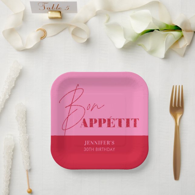 Chic Hot Pink Red Bon Appétit Script Birthday Paper Plate (Wedding)