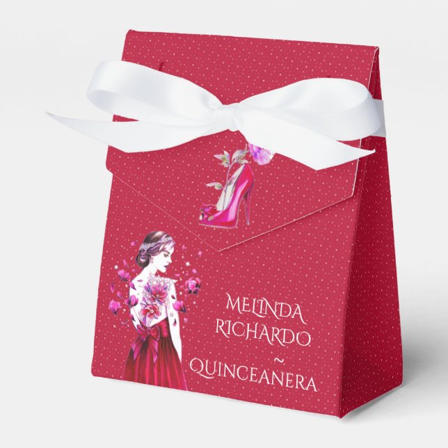 Chic Hot Pink Red Carnations Quinceanera Party Favor Box (Front Side)