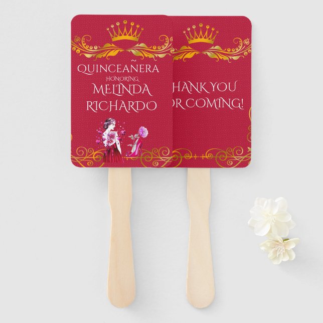 Chic Hot Pink Red Quinceanera Party Thank You Hand Fan (Front and Back)
