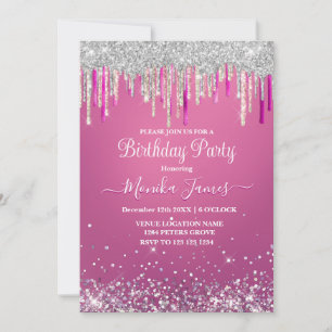 Chic Hot Pink Silver Drippings Glitter Monogram Invitation