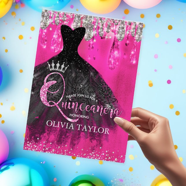 Chic hot pink silver glitter drips Quinceanera  Invitation (Creator Uploaded)