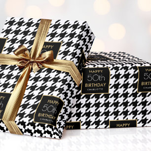 Chic Houndstooth Pattern Birthday 50th Black White Wrapping Paper