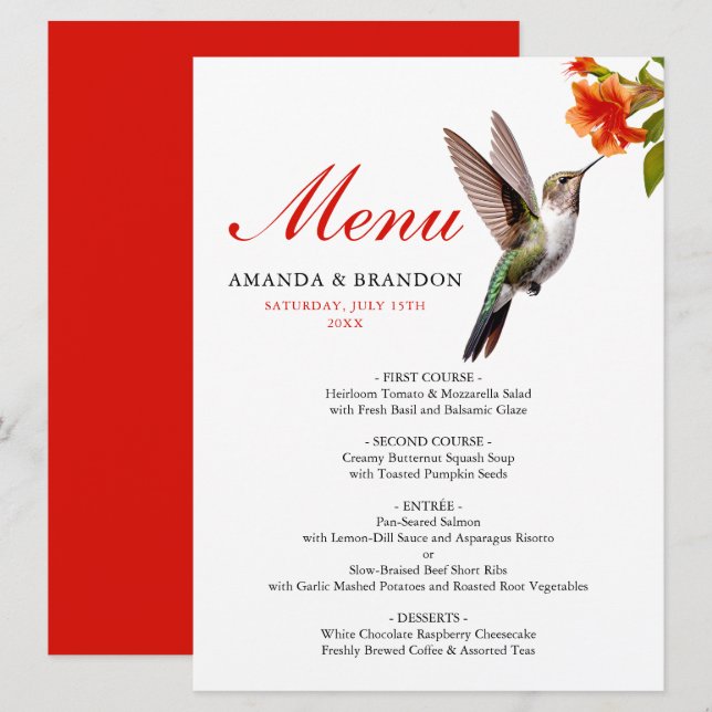 Chic Hummingbird and Orange Flower Wedding Menu (Front/Back)
