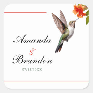 Chic Hummingbird and Orange Flower Wedding Square Sticker