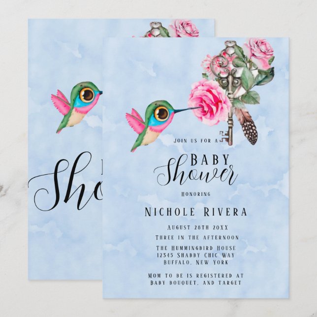 Chic Hummingbird Floral Key Baby Boy Shower Invitation (Front/Back)