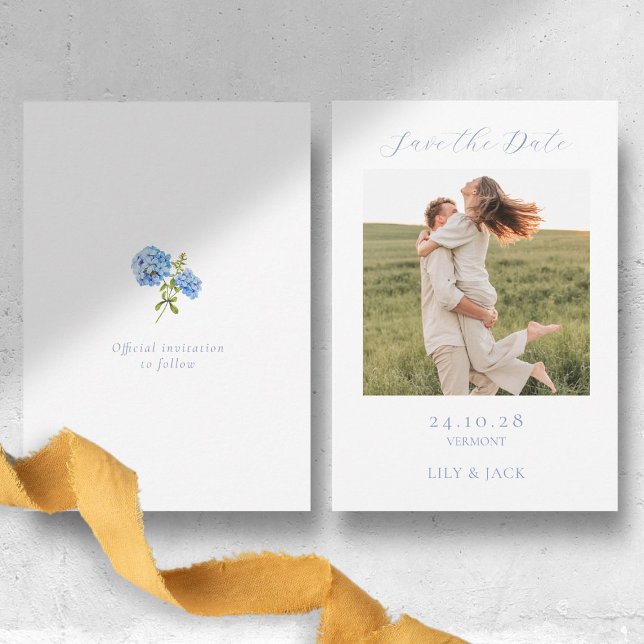 Chic Hydrangea Script Photo Save The Date Card (Creator Uploaded)