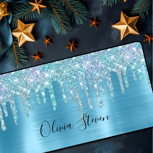 Chic ice blue aqua dripping glitter monogram desk mat