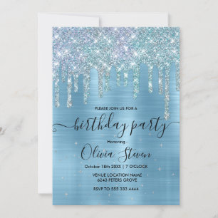 Chic ice blue aqua dripping glitter monogram invitation