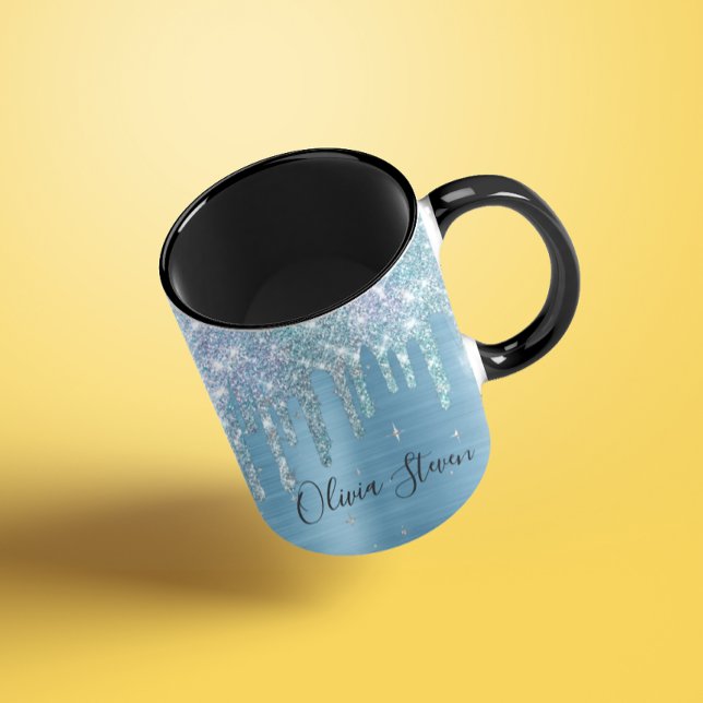 Chic ice blue aqua dripping glitter monogram mug (Creator Uploaded)