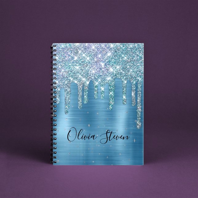 Chic ice blue aqua dripping glitter monogram notebook (Creator Uploaded)