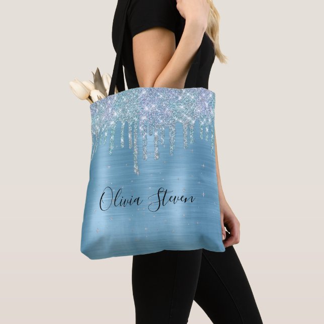 Chic ice blue aqua dripping glitter monogram tote bag (Close Up)
