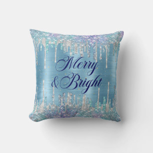 Chic ice blue aqua dripping glitter throw pillow