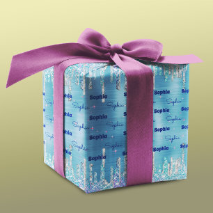 Chic ice blue aqua dripping glitter wrapping paper sheet