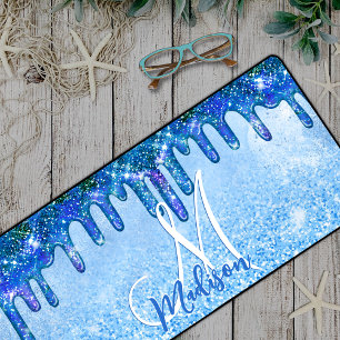 Chic ice blue ombre glitter drips monogram noteboo desk mat