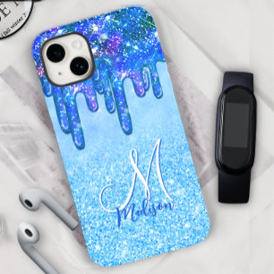 Chic ice blue ombre glitter drips monogram noteboo iPhone 14 case