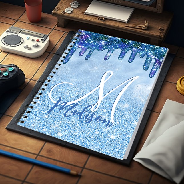 Chic ice blue ombre glitter drips monogram noteboo notebook (Creator Uploaded)