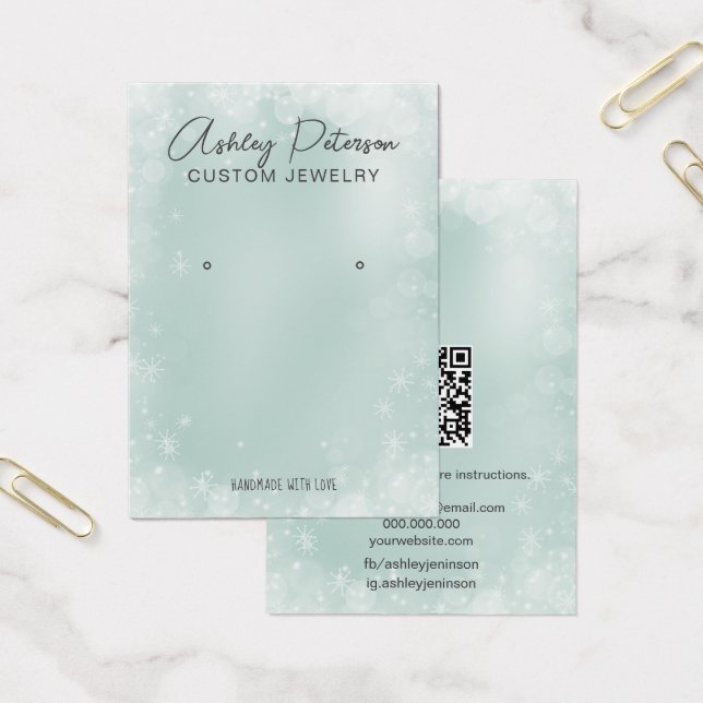 Chic ice blue snow festive QR code earring display (Office)