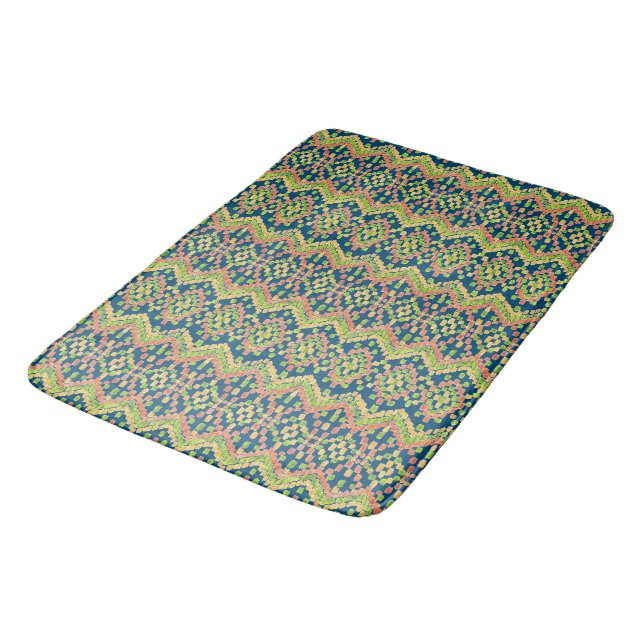 Chic Ikat Colourful Ethnic Pattern on Blue Bath Mat (Angled)