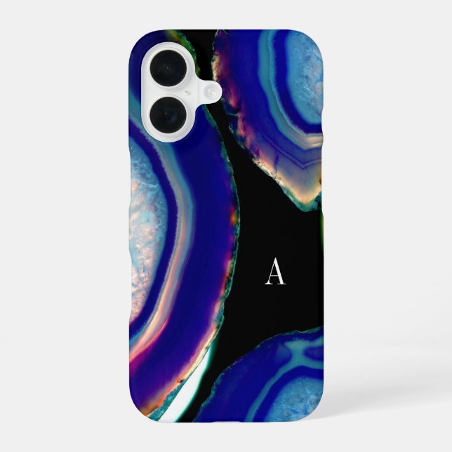 Chic Indigo Agate Geode Monogram iPhone 16 Case (Back)