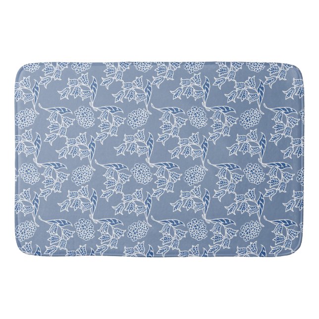 Chic Indigo Blue Ethnic Floral Print Bath Mat (Front)