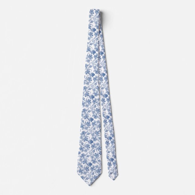 chic Indigo Blue Ethnic Floral Print Necktie (Front)