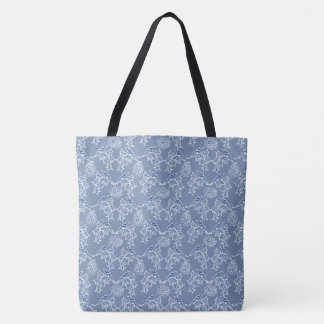 Chic Indigo Blue Floral Faux Lace Pattern Tote Bag