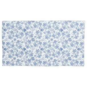 Chic Indigo Blue on White Ethnic Floral Print Pillowcase