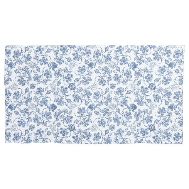 Chic Indigo Blue on White Ethnic Floral Print Pillowcase (Front-Left)