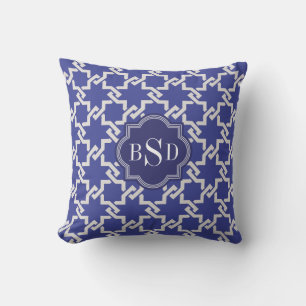 Chic indigo interlocking pattern monogram throw pillow