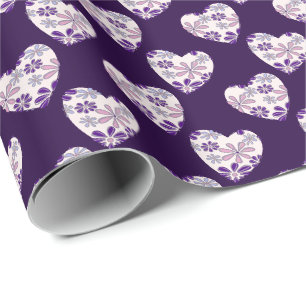 Chic Indigo Pink Blue Flower Patterned Hearts Wrapping Paper